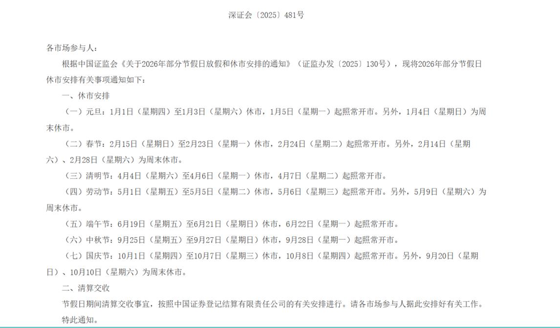 股市休市安排2026_2026年深圳证券交易所春节休市安排_2026年上海证券交易所春节休市安排